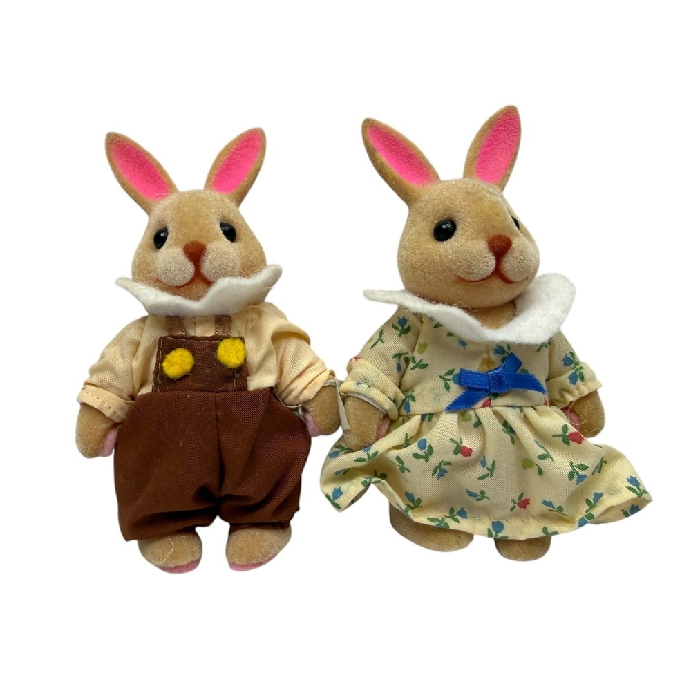 Vtg 80's Amscan Flocked Rabbit Bunny Figure Critter Family Set Couple Boy Girl